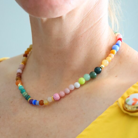 Genuine Pink Opal and Turquoise Candy Crush Necklace with 18k Gold Beads - Picture 2 of 3